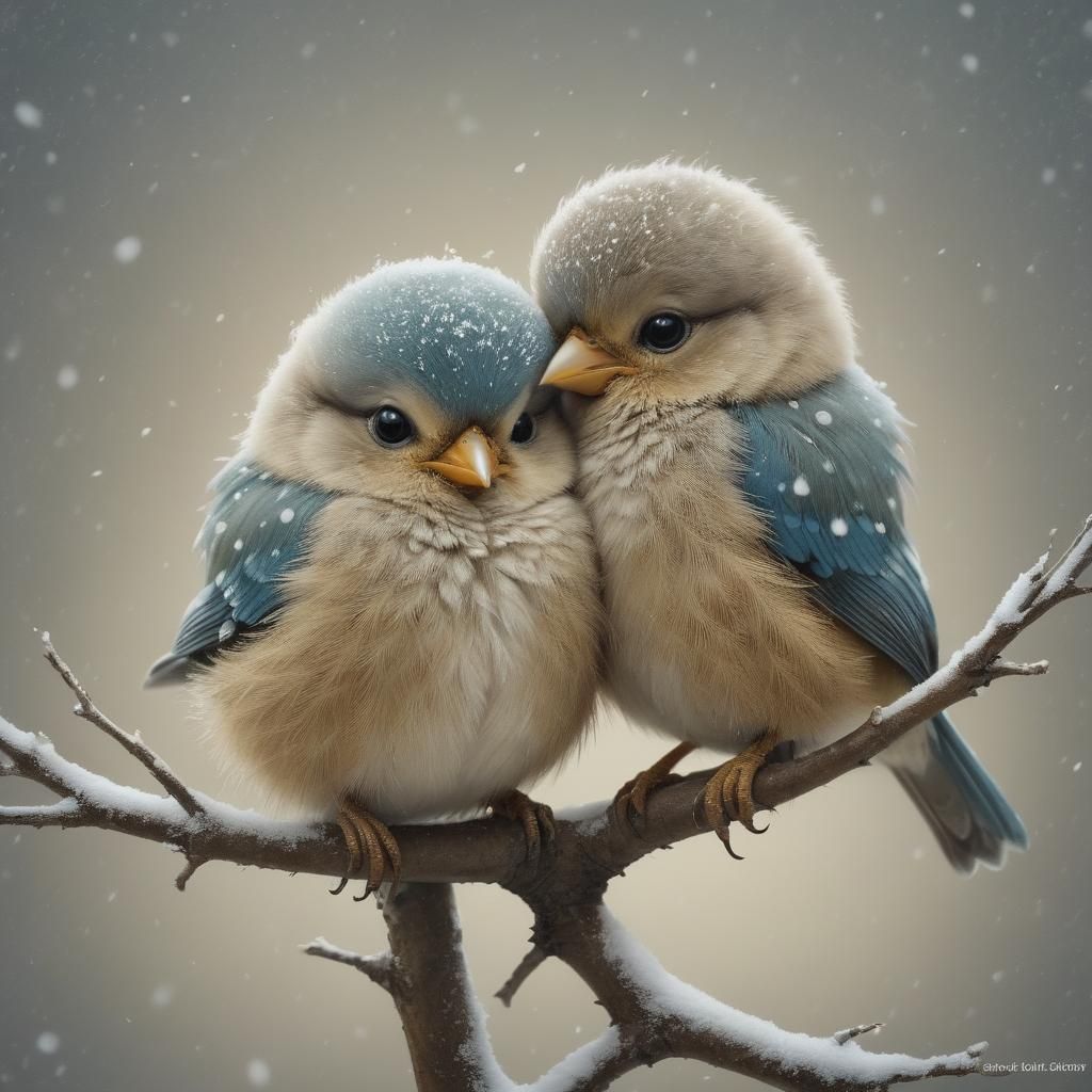Birds Huddle Together in Winter Snow Scene