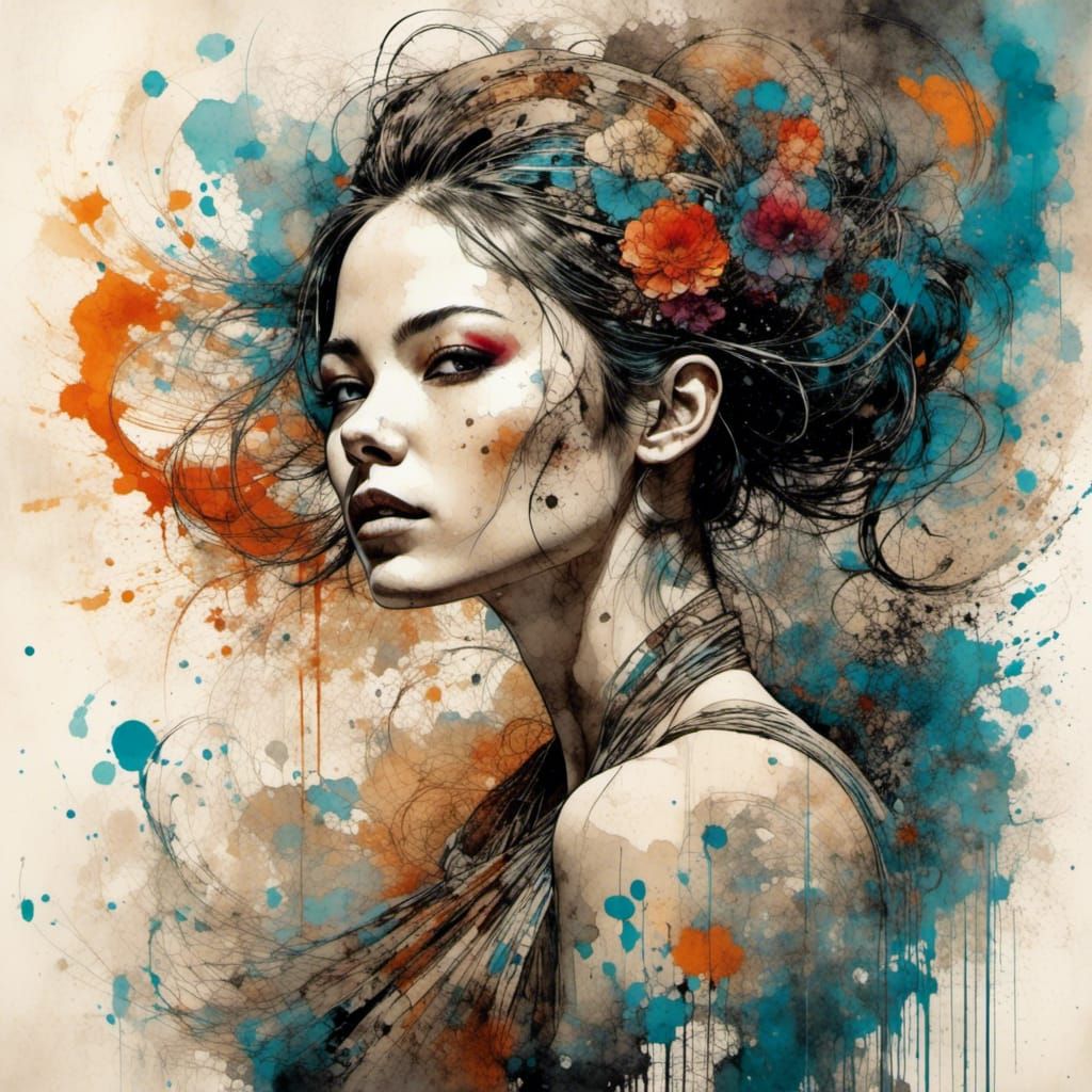 Kinetic Ink Dancer: Surreal Maximalist Portrait