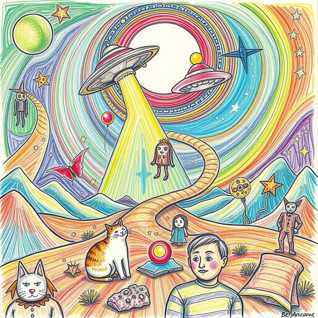 Naive Whimsical Doodles of Alien Encounter