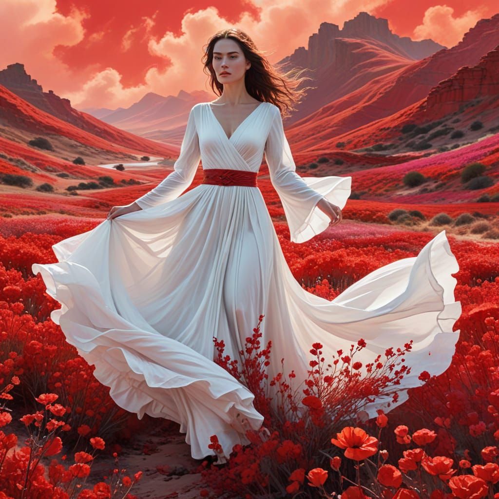 Woman in Red Landscape, Digital Vermillion Art