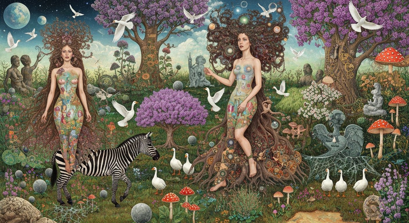 Goddess of Life Rides Zebra Through Cosmic Surreal Landscape