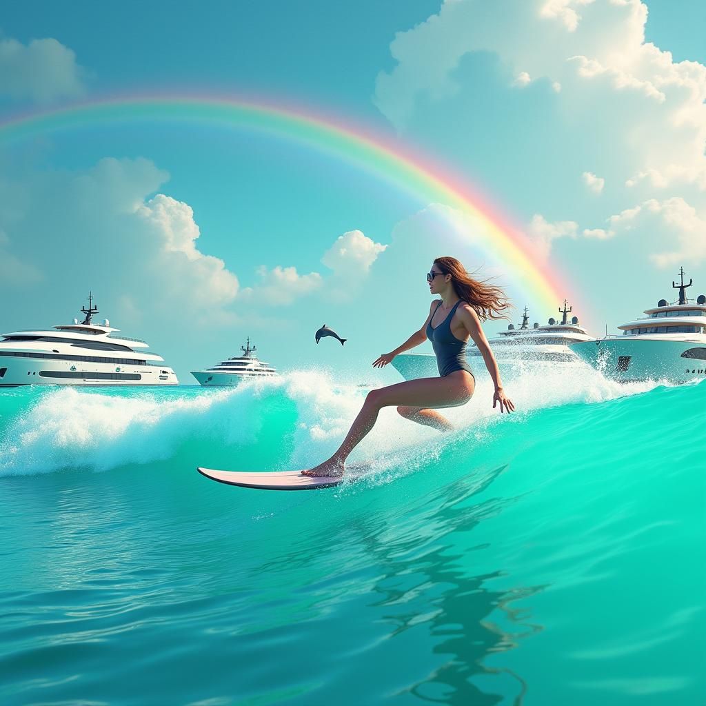 Surfer Girl, Yachts, and Rainbow over Turquoise Ocean