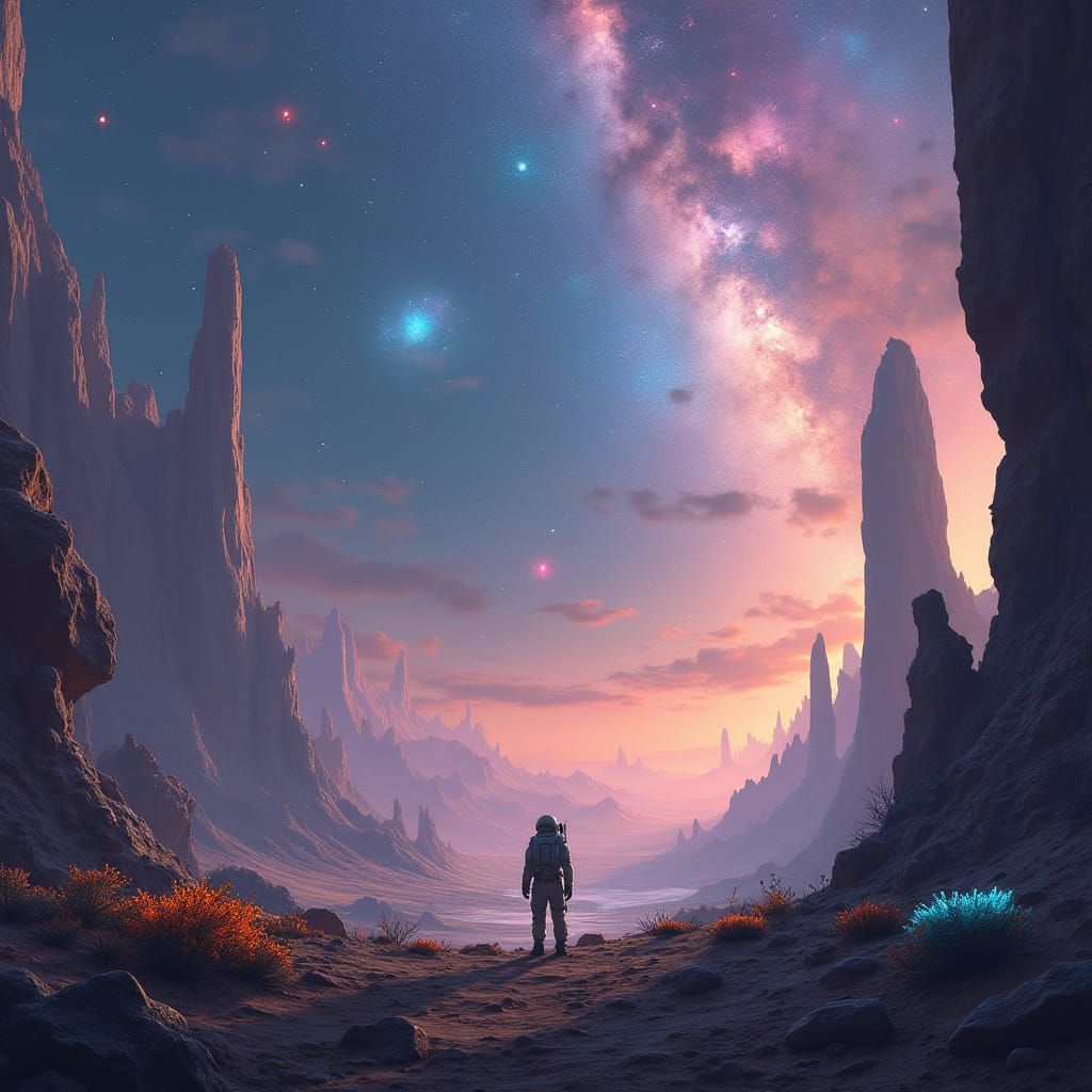 Astronaut on Alien Planet Gazing at Cosmic Vista