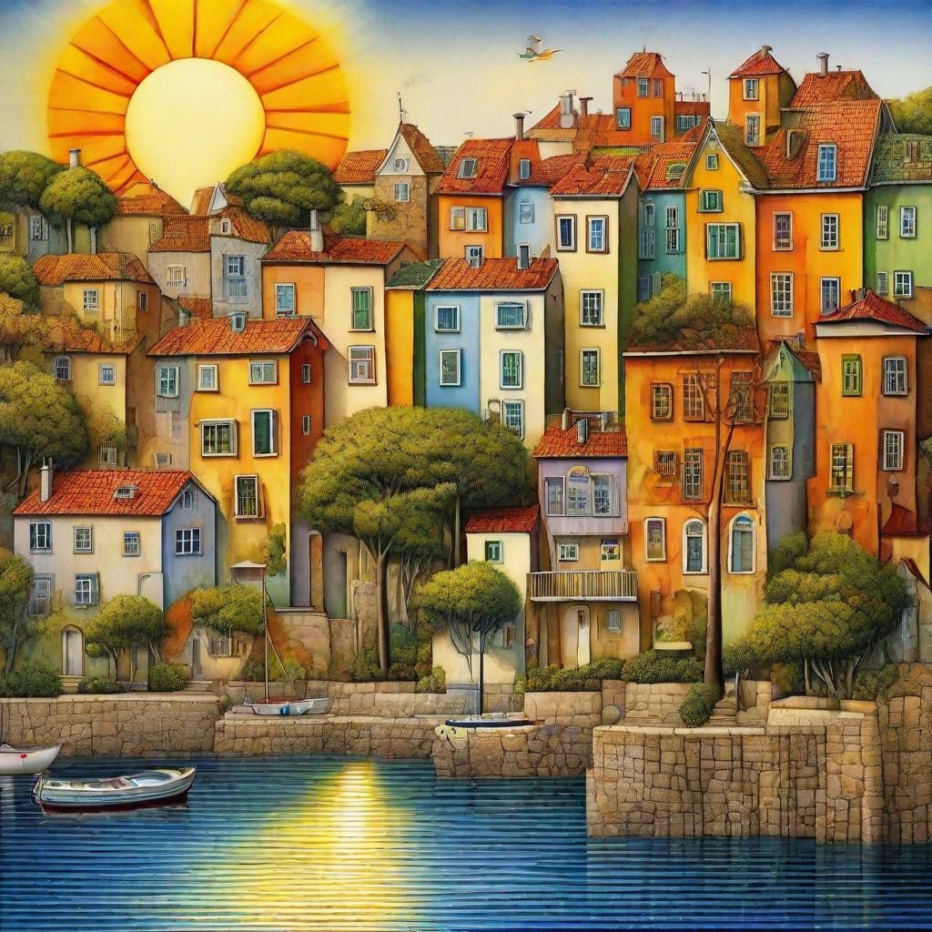 Colorful Coastal Town in Cubist Style