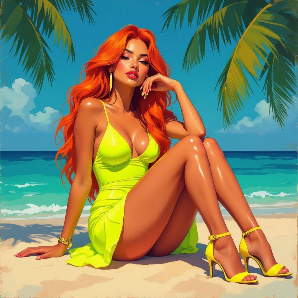 Vibrant Oil Painting of a Sassy Beach Lady