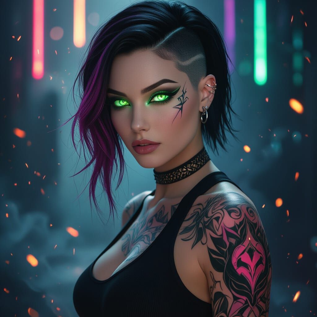 Ethereal Woman with Magical Tattoos in Gothic Neon Fantasy