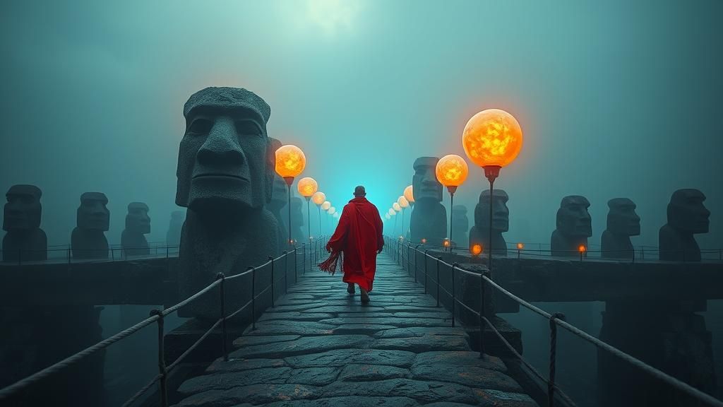 Surreal Twilight Bridge with African Woman and Alien