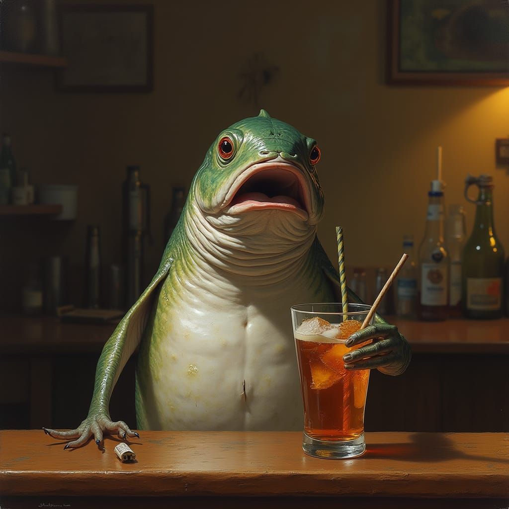 Drunk Herring Fish Enjoys Drink at Bar
