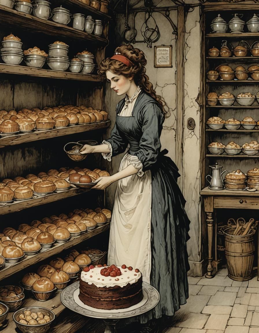 Baker with Cake in Bakery, Rackham Style