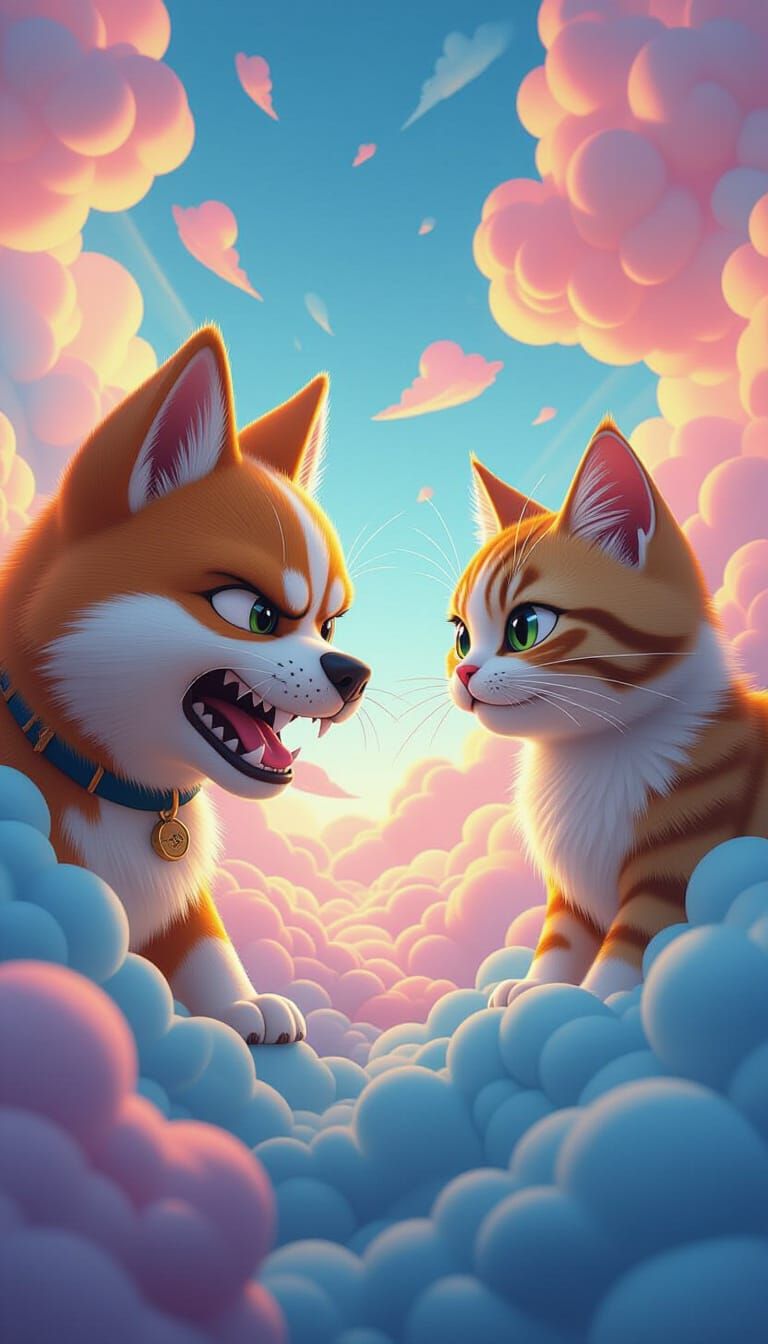 Angry Dog and Cat Clash in Stylized 3D Digital World