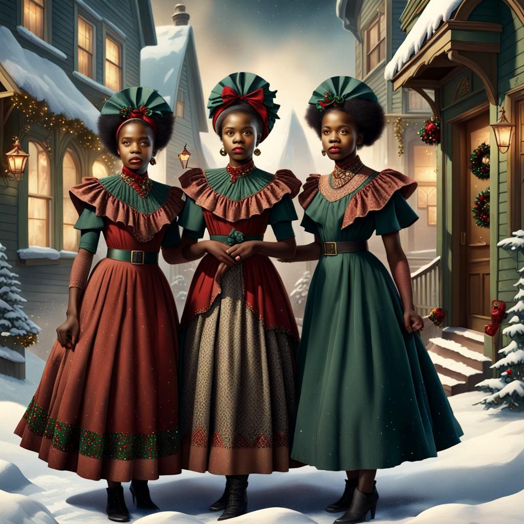 Sisters in Christmas Attire: Early 20th Century Matte Painti...