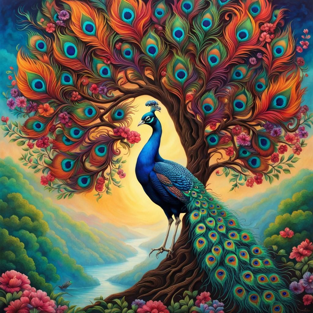 Fantastical Tree with Peacock Feather Leaves