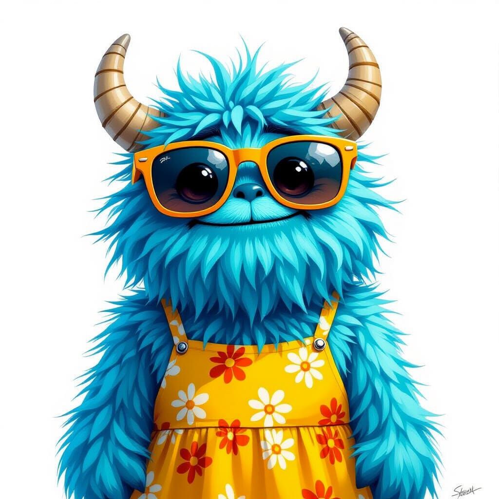 Joyful Wool Monster in Summer Outfit, Hyperrealistic Paintin...