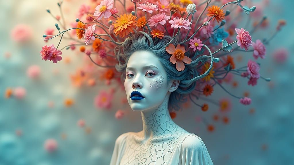Porcelain Queen with Floral Headdress in Dreamscape