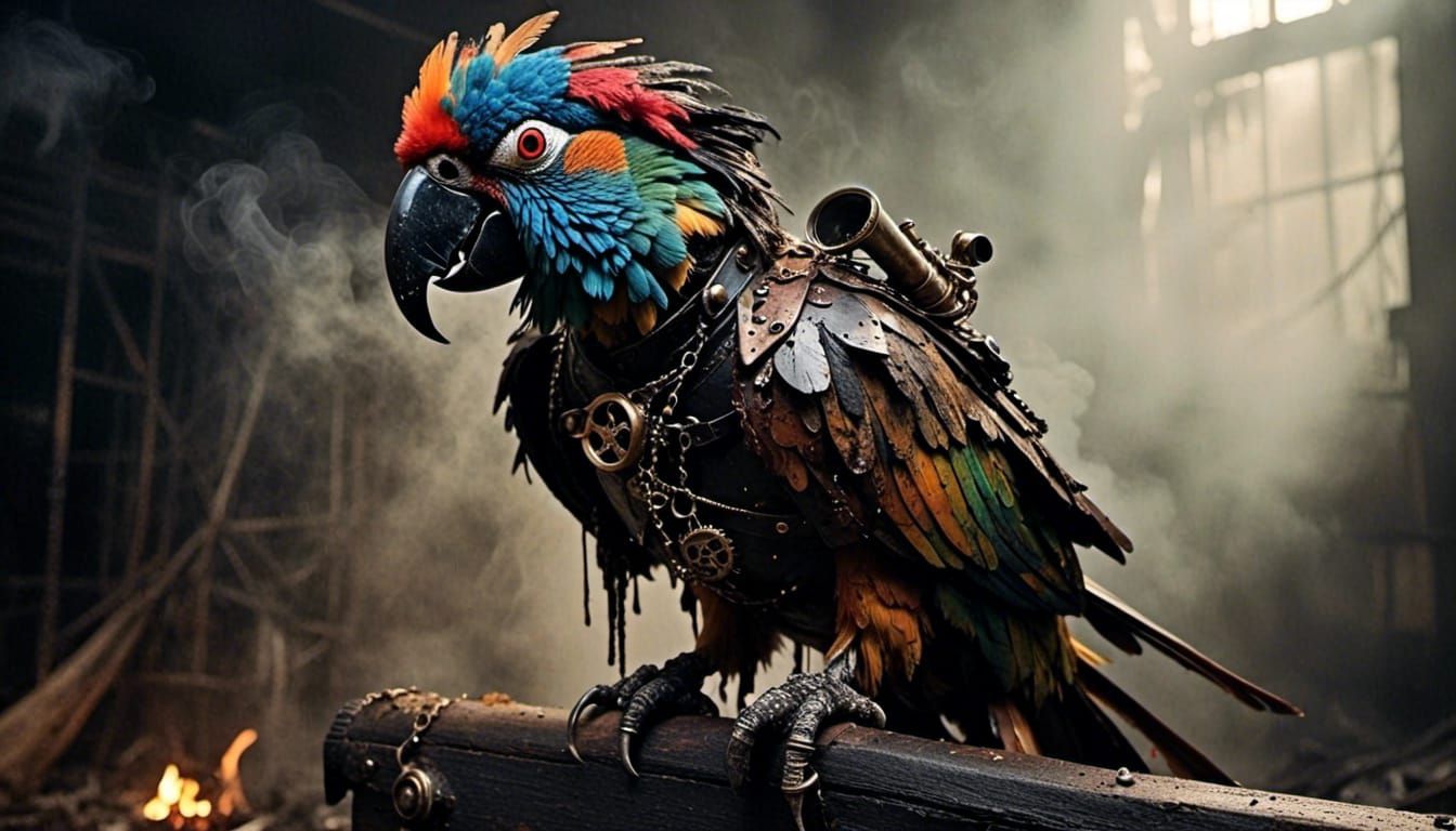 Steampunk Zombie Parrot Pirate with Blunderbuss
