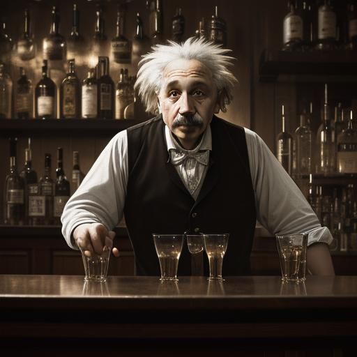 Einstein as Bartender: Hyperrealistic Bar Scene