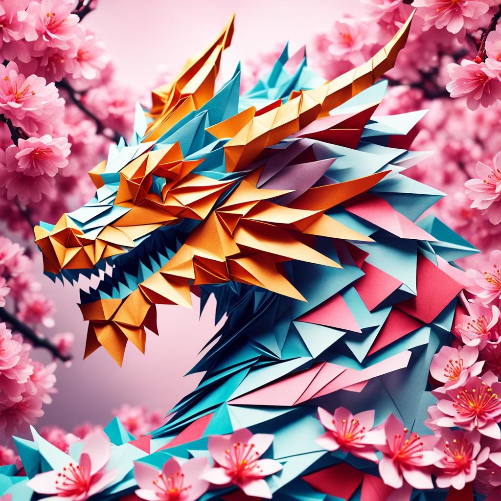 Dragon Head with Cherry Blossoms in Origami Style