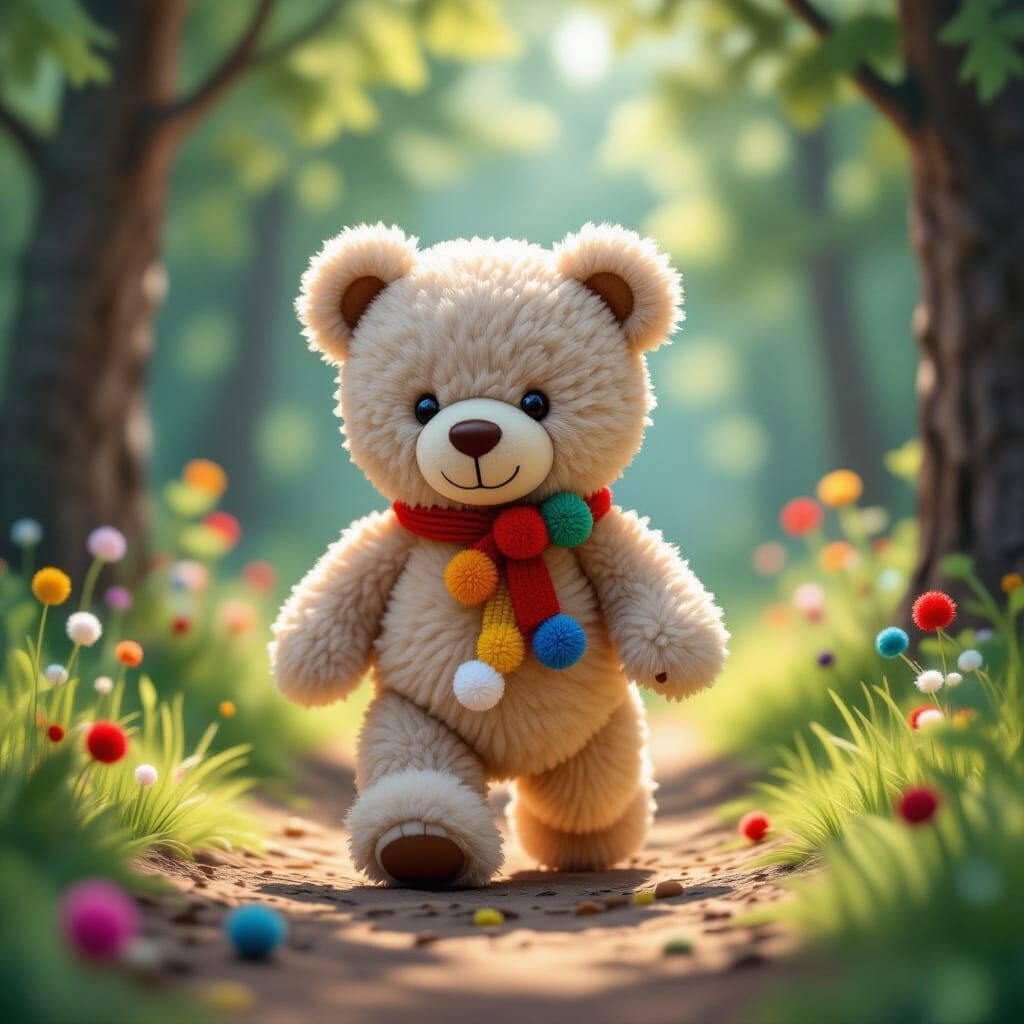 Colorful Wool Pom Pom Bear in Forest