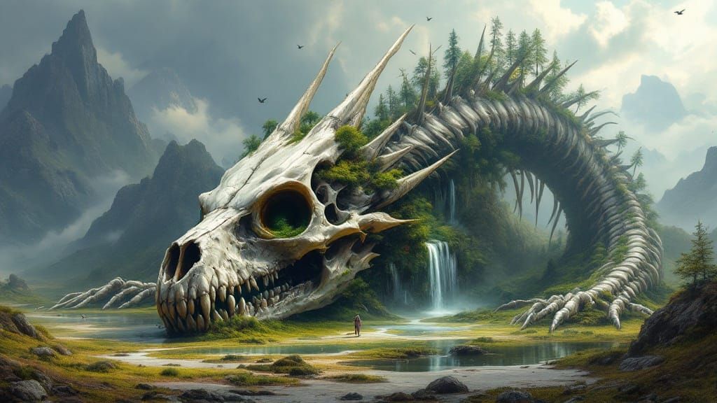 Dragon Skeleton Landscape in Elegance and Gloom
