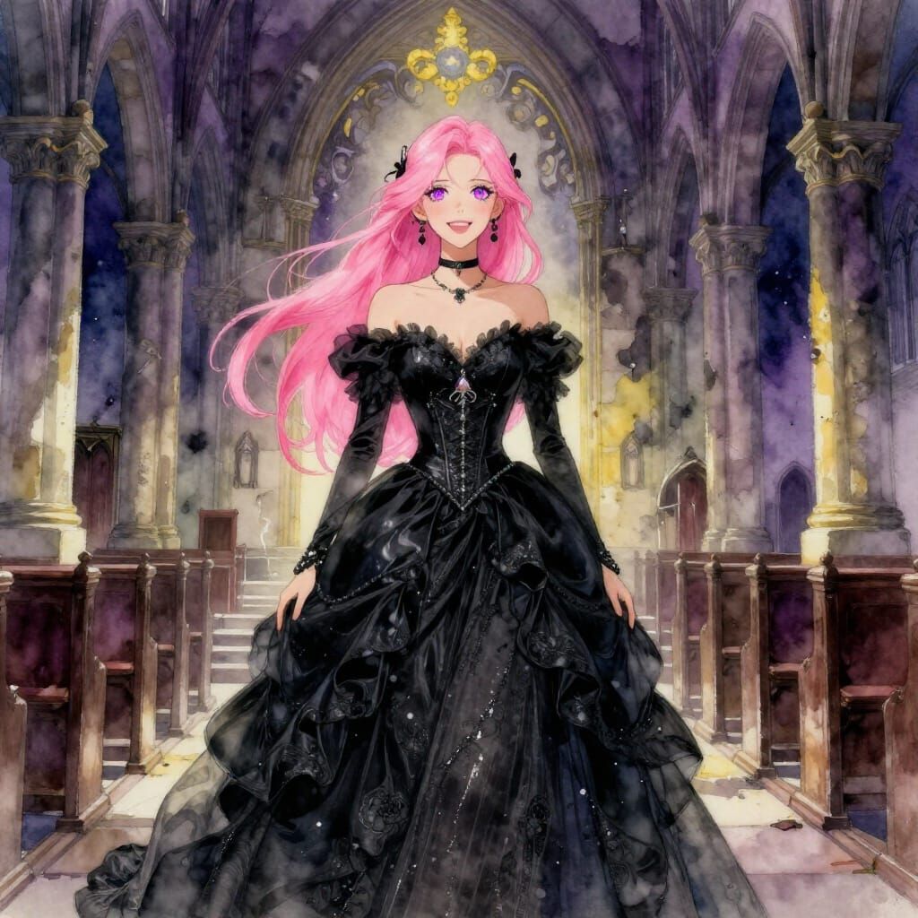 Pink Haired Woman in Wedding Gown in Abandoned Church