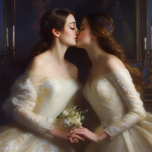 Two Girls Kissing with Engagement Ring, Detailed Portrait