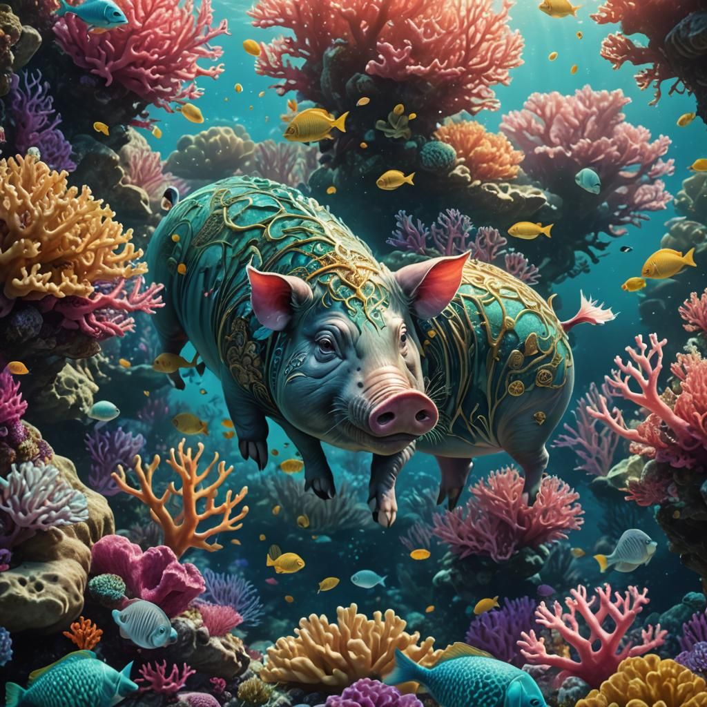 High-Fantasy Water Pig in Coral Reef