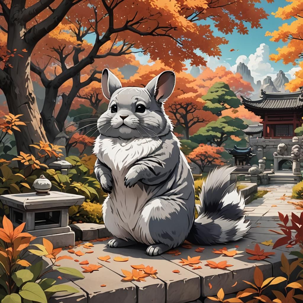 Chinchilla in Autumn Chinese Garden: Cel-Shaded Anime Art