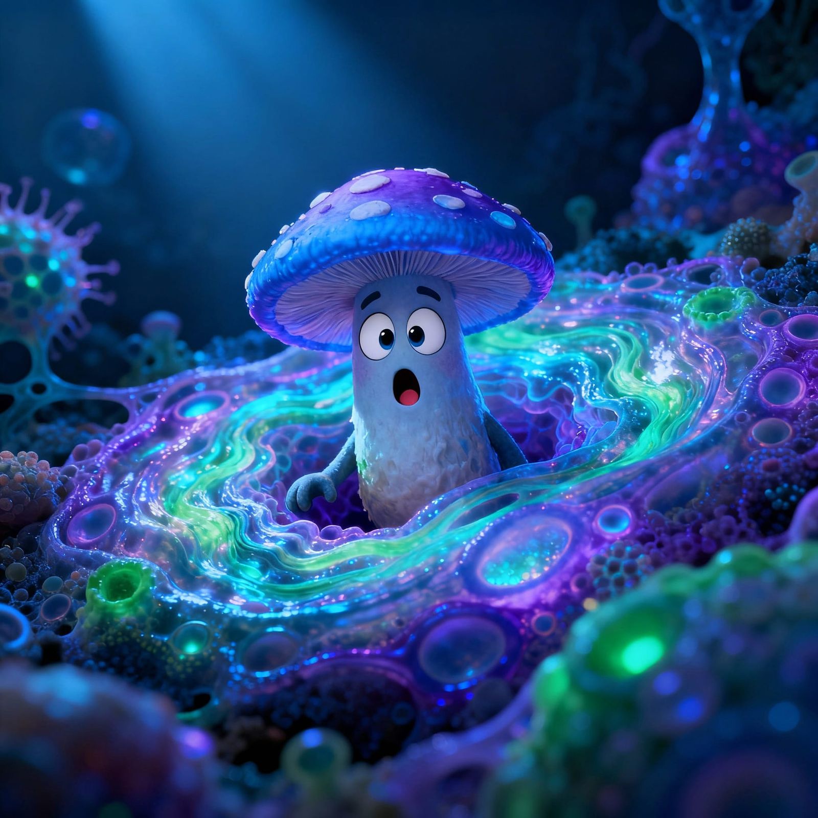 Surreal Microscopic World with Surprised Mushroom