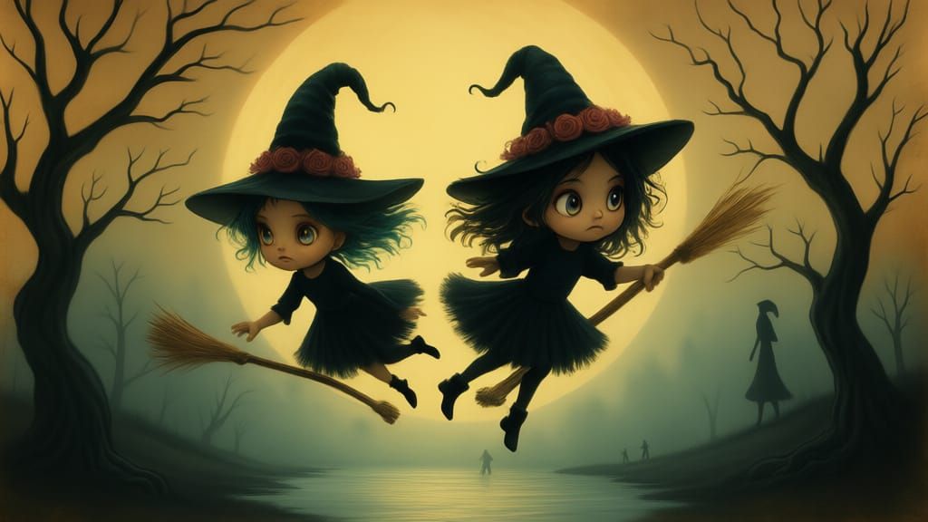 Gothic Witches Flying Under a Foggy Moon