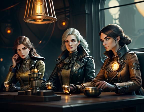 Steampunk Women in Time Machine: Cinematic Digital Art
