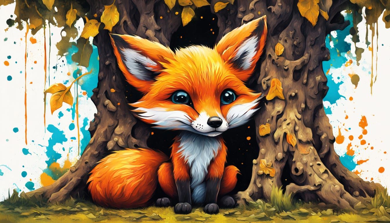 Cute Fox Hiding Behind Oak Tree in Graffiti Art Style