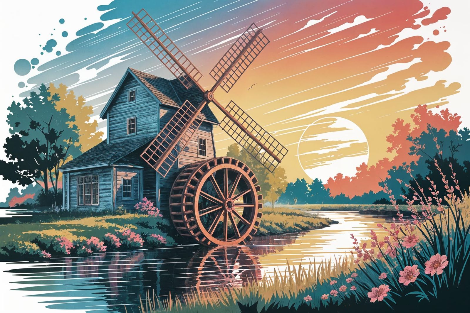 Watermill Haven in Whimsical Solar Punk Style