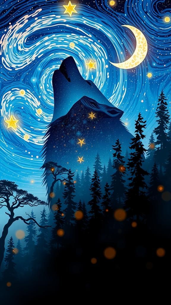 Cosmic Wolf Howling in a Van Gogh Dreamscape