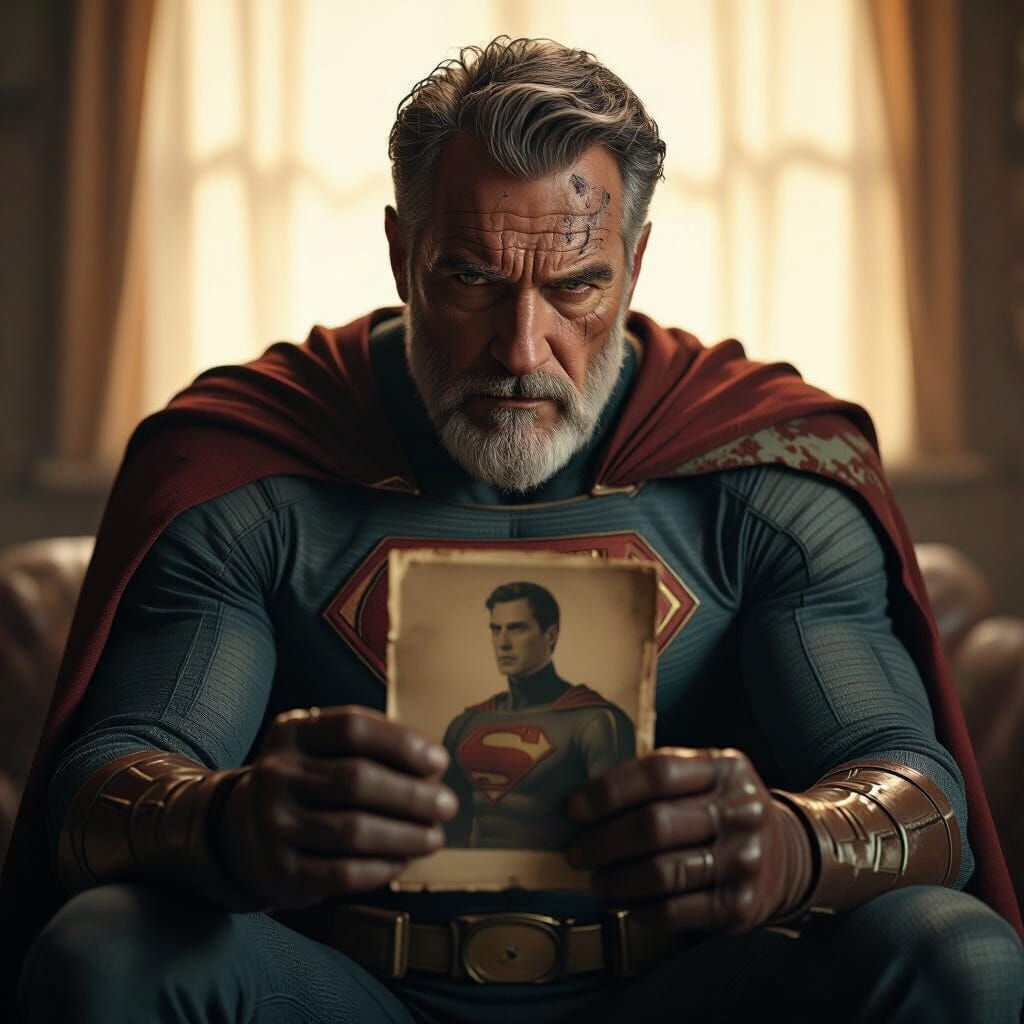 Weary Superhero in Nostalgic Room: Photorealistic 8k Scene