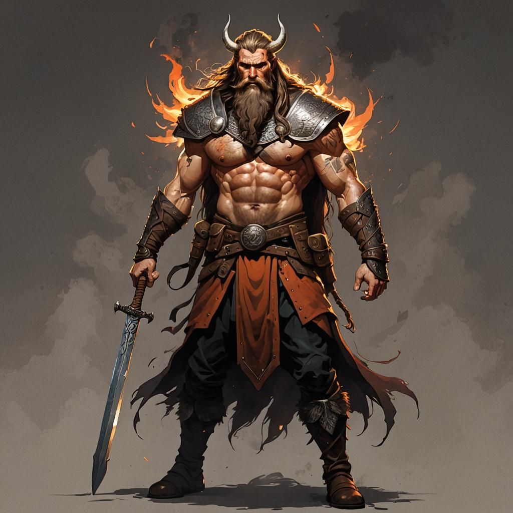 Viking Warrior Flexing with Fiery Aura: Anime Drawing