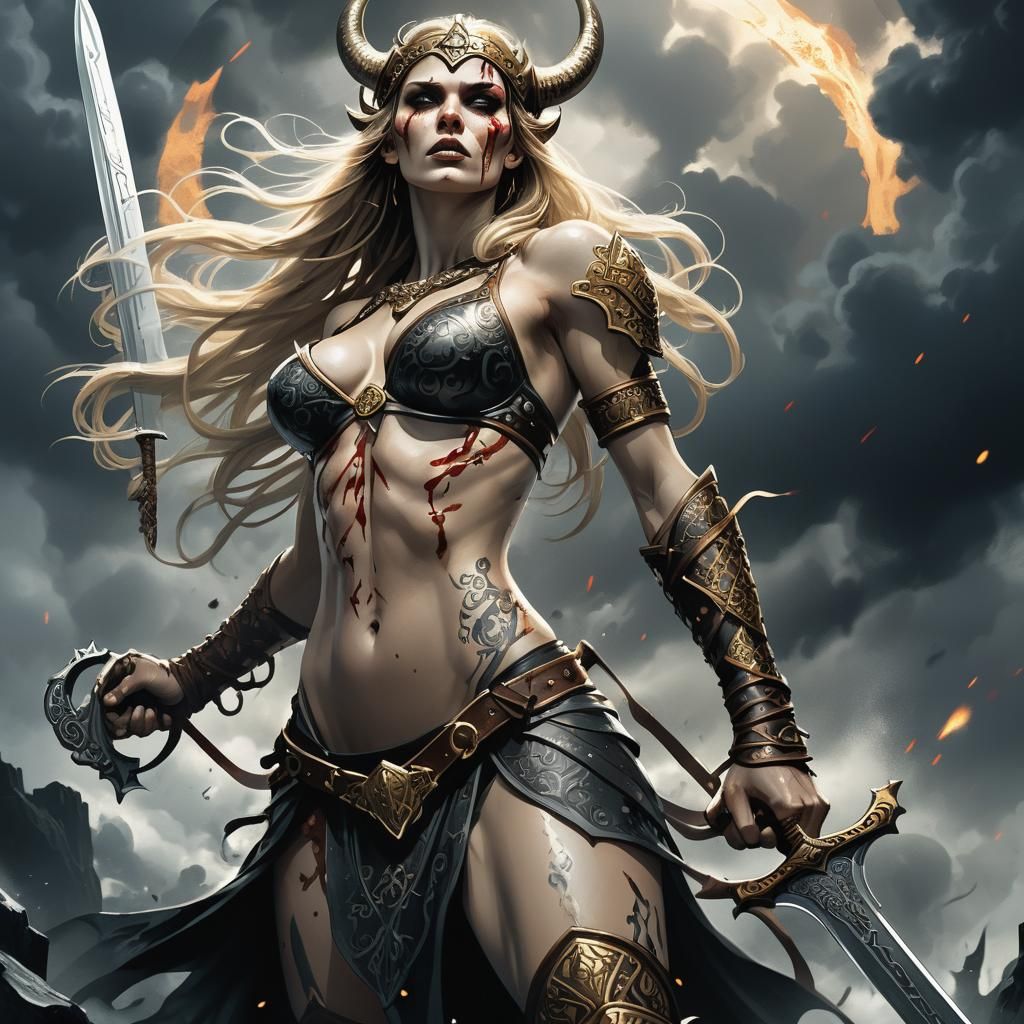 Viking Princess in Blood-Soaked Battle, Art Nouveau Style