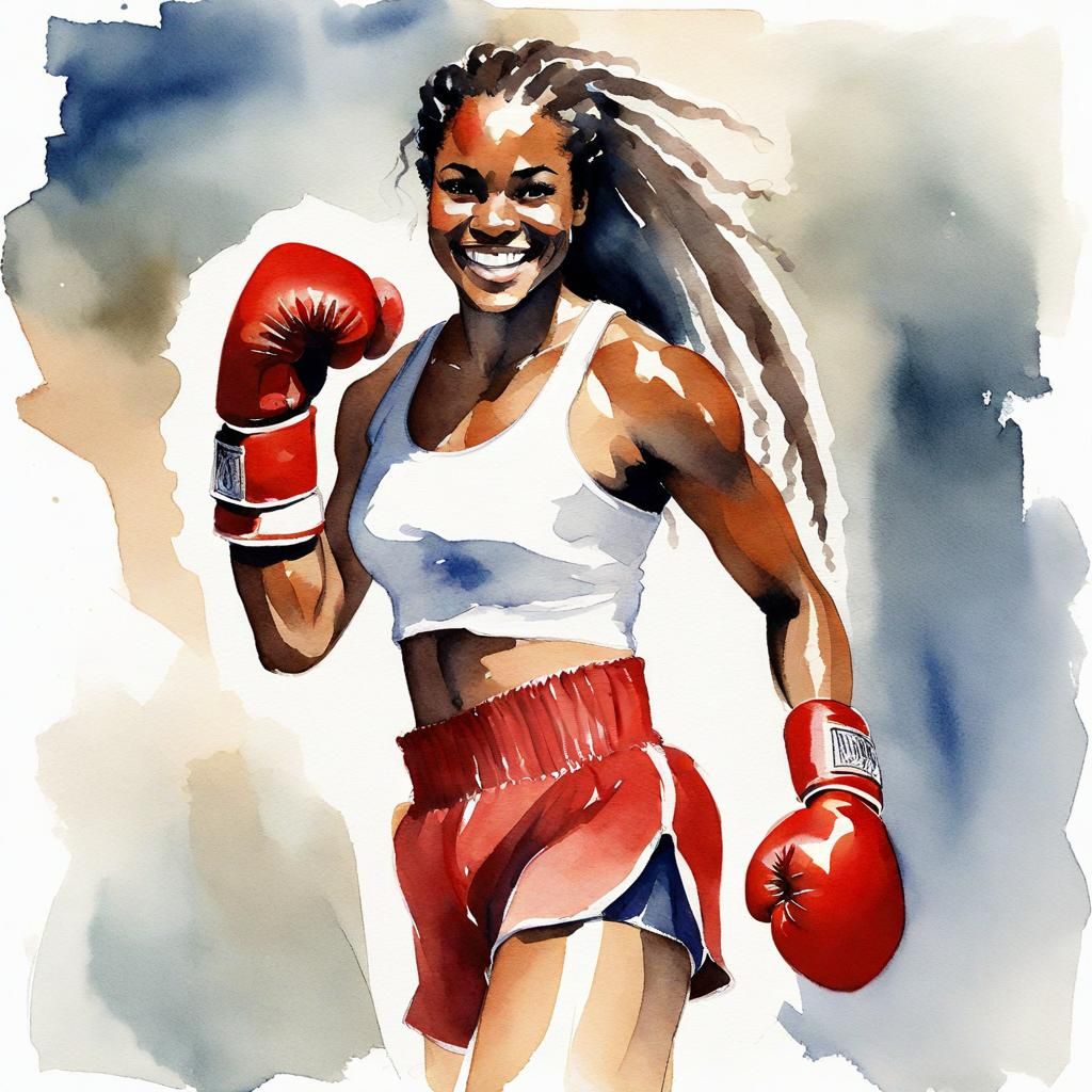 Watercolor Portrait of a Smiling Female Boxer