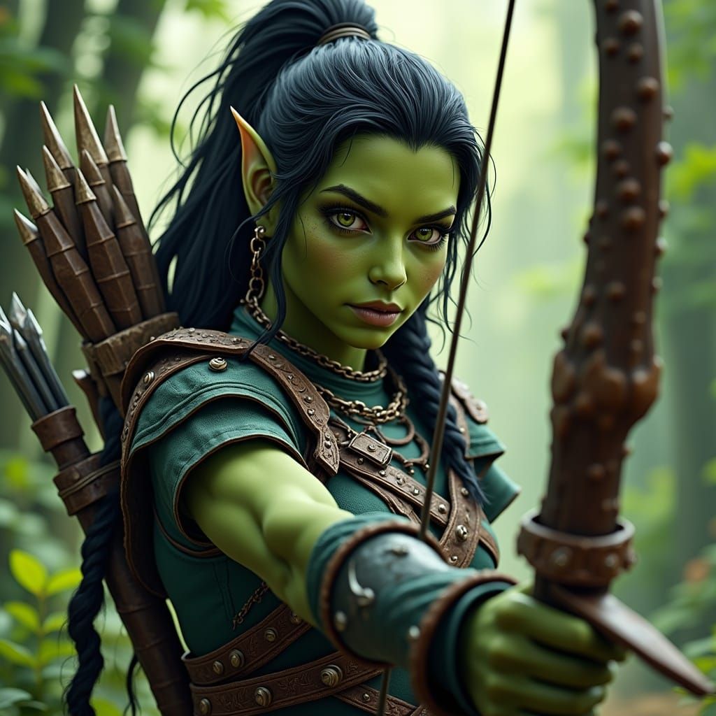 Hyper-Realistic Half Orc Ranger in Lush Mythical Landscape