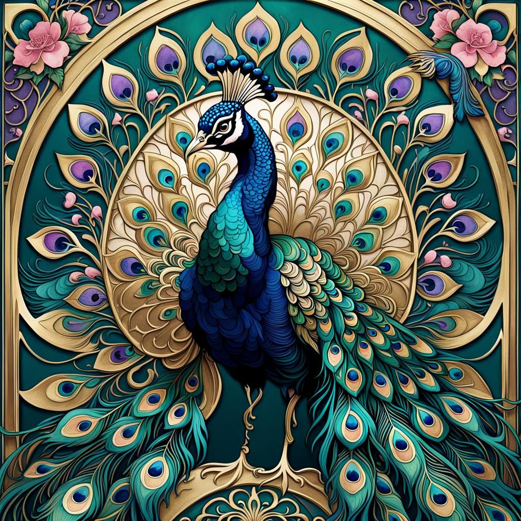 Art Nouveau Peacock with Ornate Tail Feathers