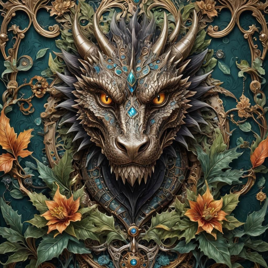 Botanical Steampunk Dragon Portrait in Morris Style