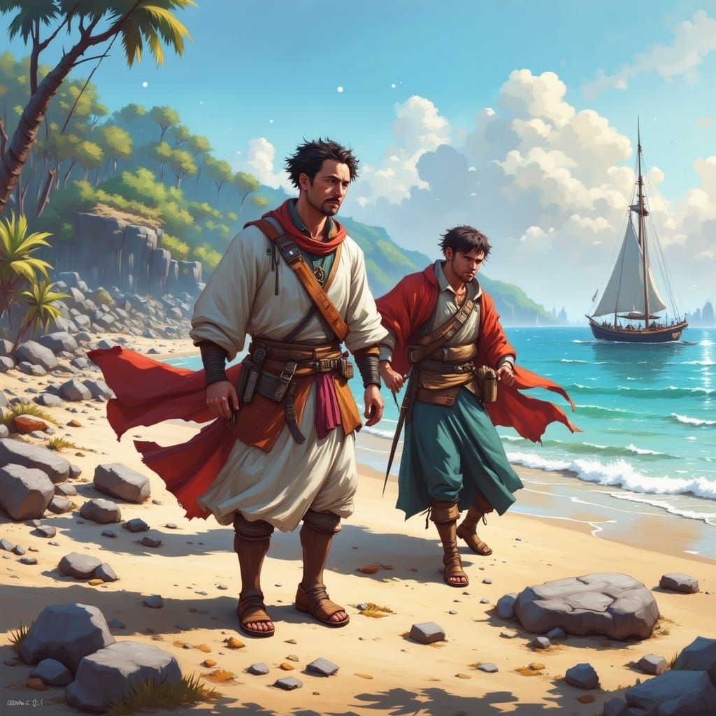 Antonio da Mota and Francisco Zeimoto setting foot on the Japanese island of Tanegashima in 1543. <lora:MoVoyage Flux:1....