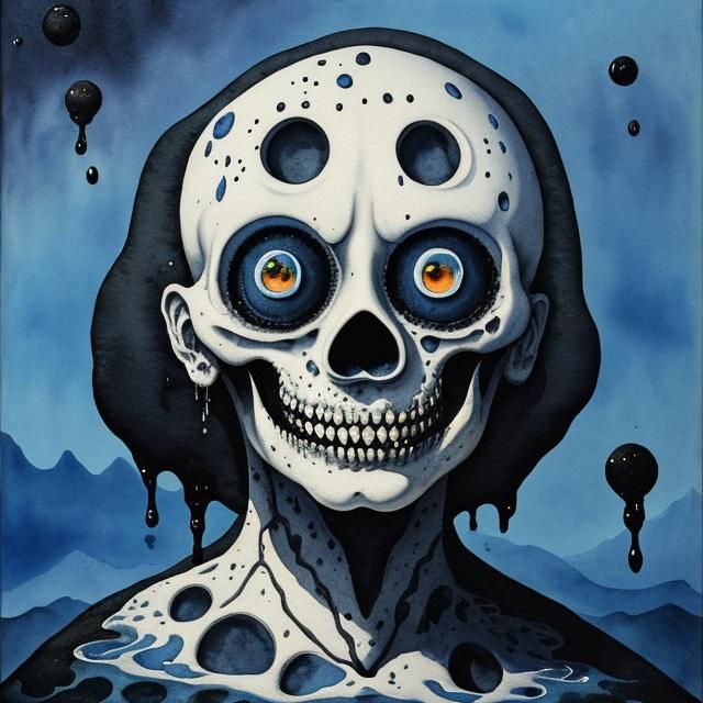 Spooky Moon Face in Watercolor Surrealism