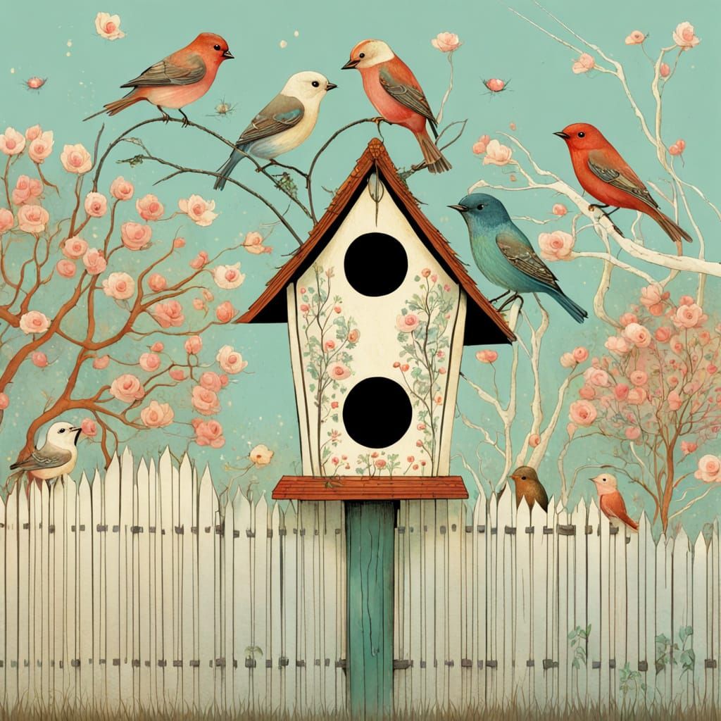 Birdhouse in Spring, Expressive Fairy-Tale Illustration