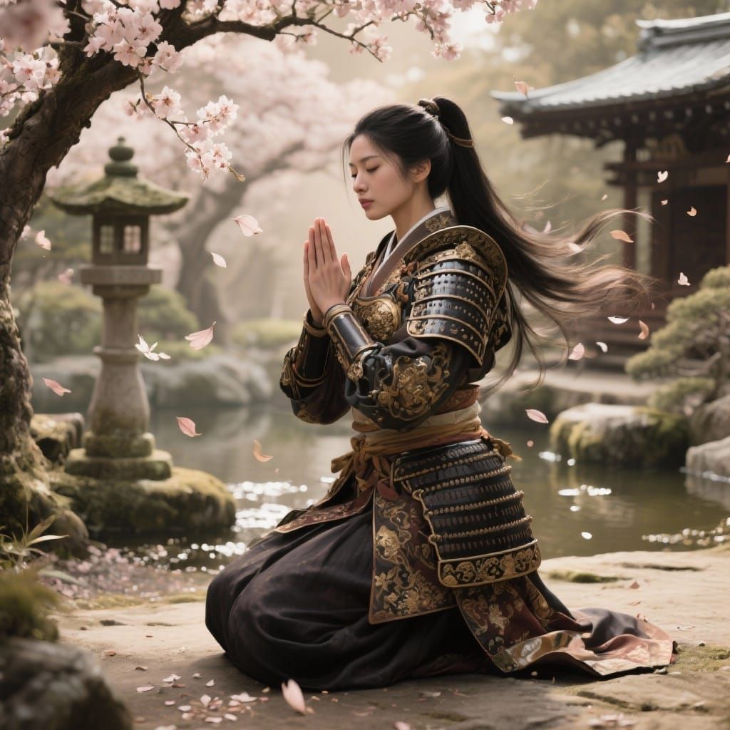 Samurai Woman Meditating in Zen Garden