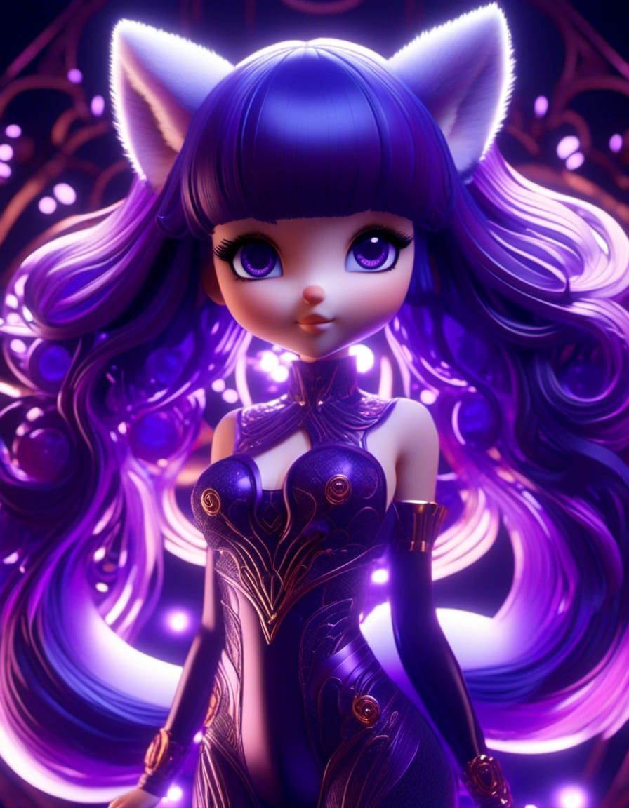 Kawaii kitsune girl, dark purple, royal purple, plum purple  and lavender, 128k resolution, intricately detailed, maxima...