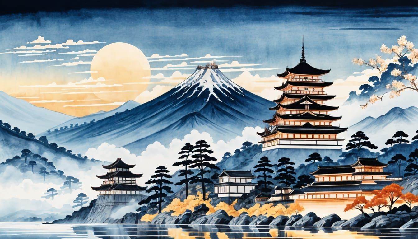 Ukiyo-e Castle Overlooking River Village