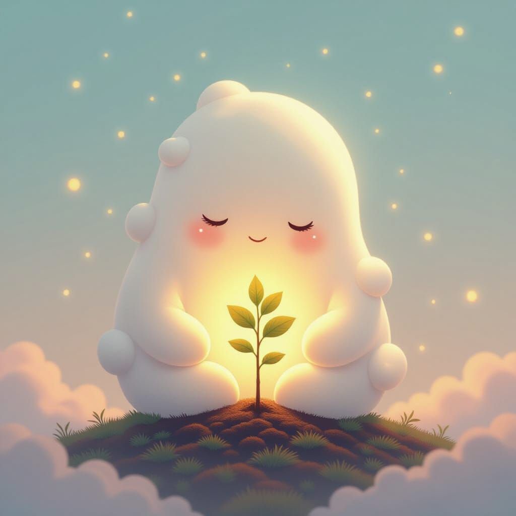 Ethereal Light Being Guards Glowing Sapling in Dreamy Landsc...