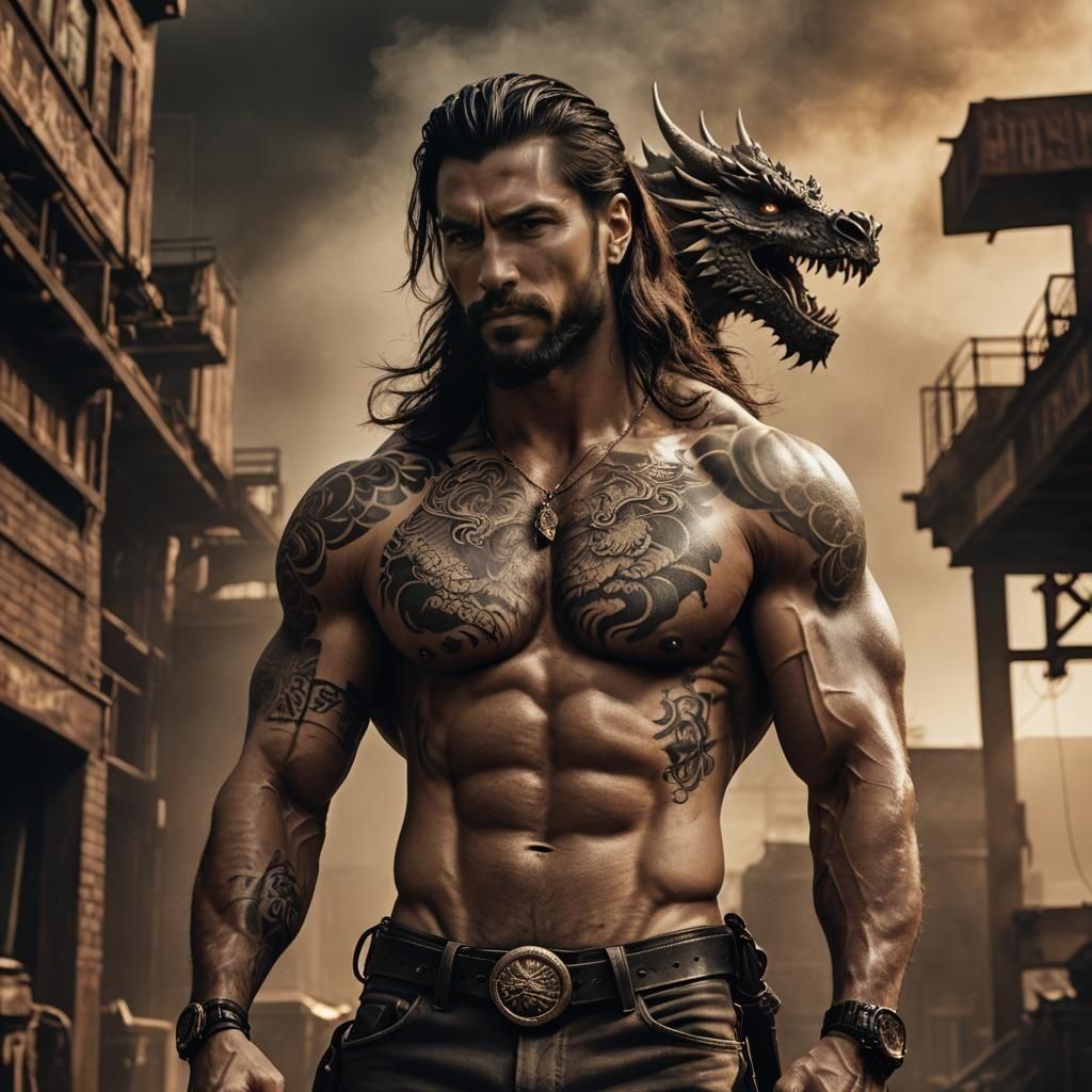 Muscular Man with Dragon Tattoo in Sepia Tones