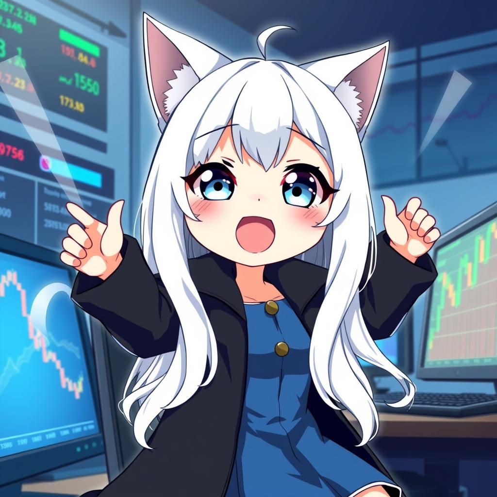 Cute Anime Catgirl Celebrates Stock Market Success