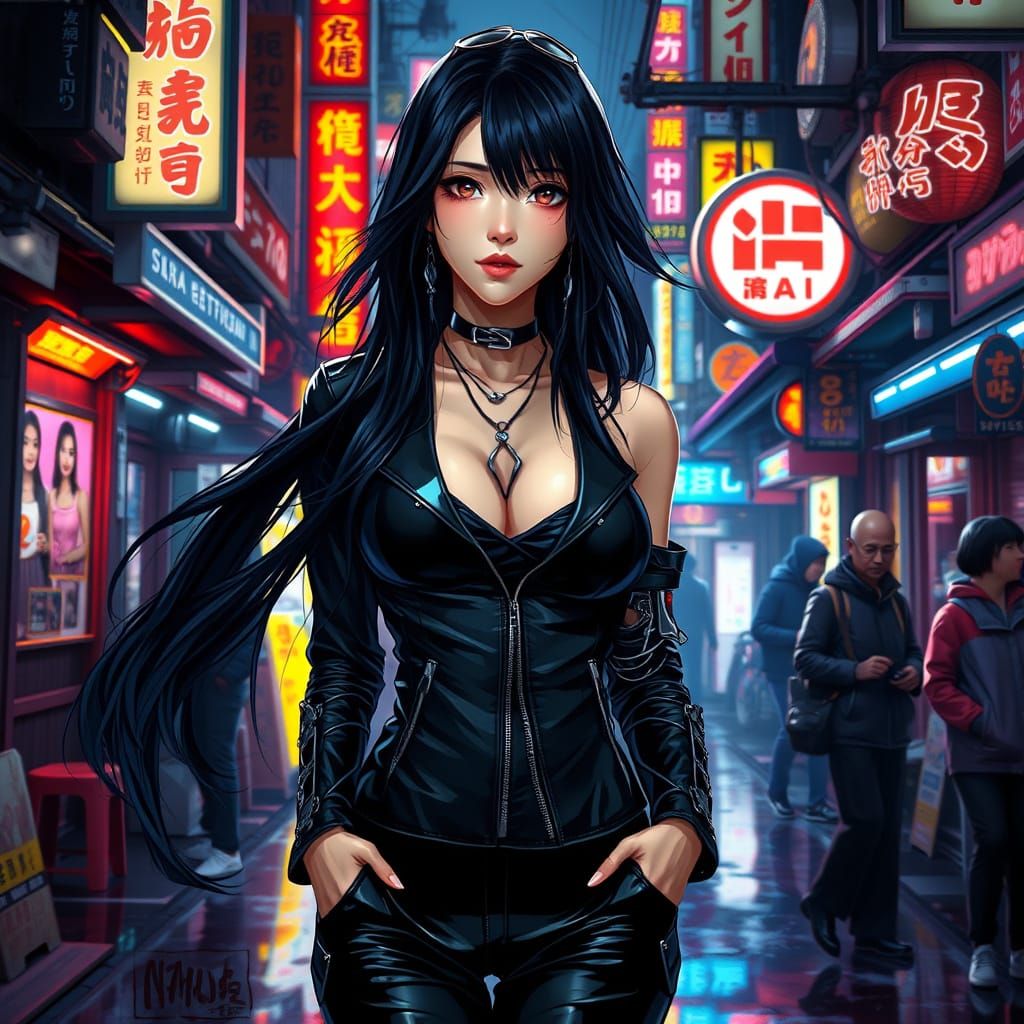 Cybernetic Woman in Futuristic Tokyo Marketplace